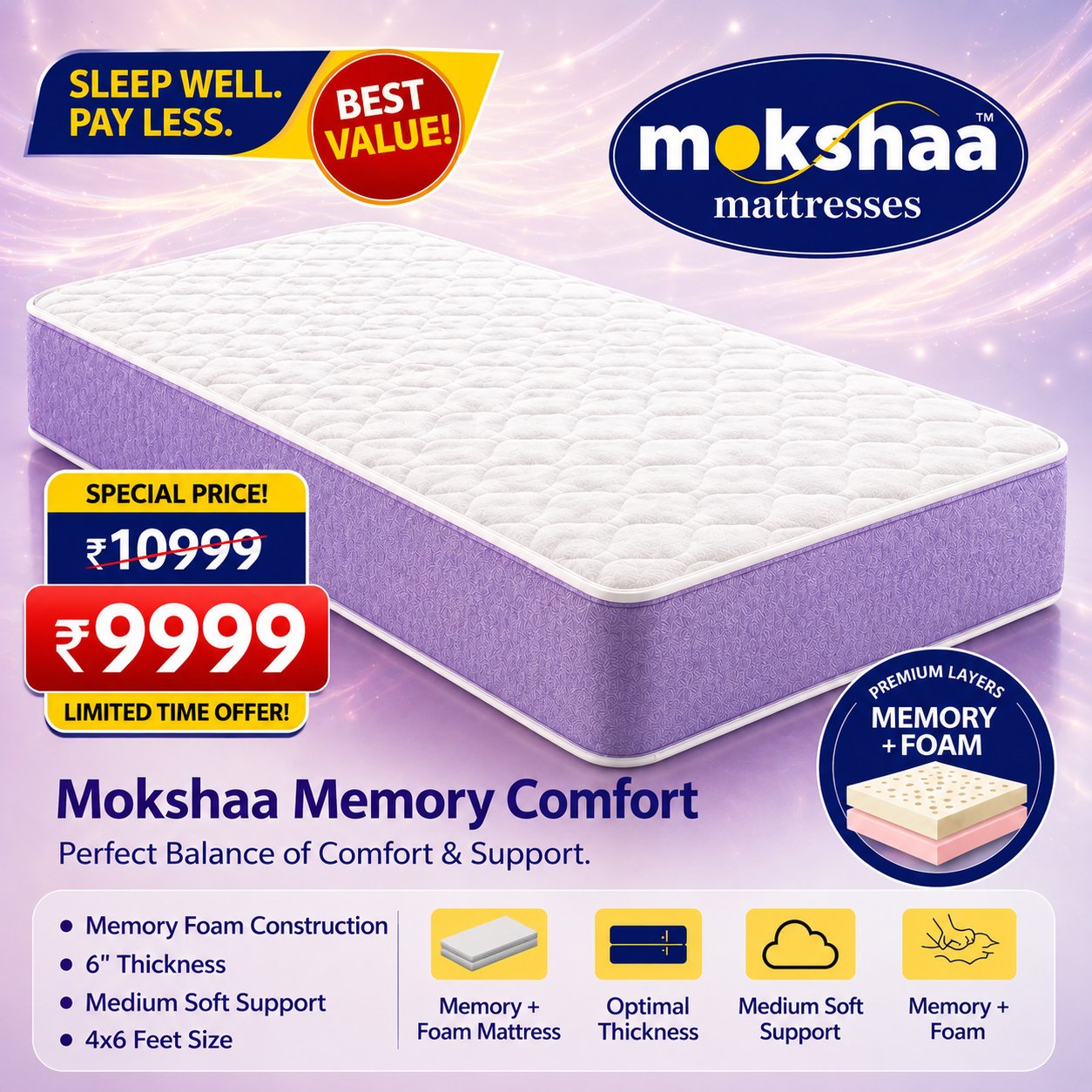 Mokshaa Memory Comfort Mattress | Buy Mokshaa Memory Comfort Mattress at Mokshaa Mattress