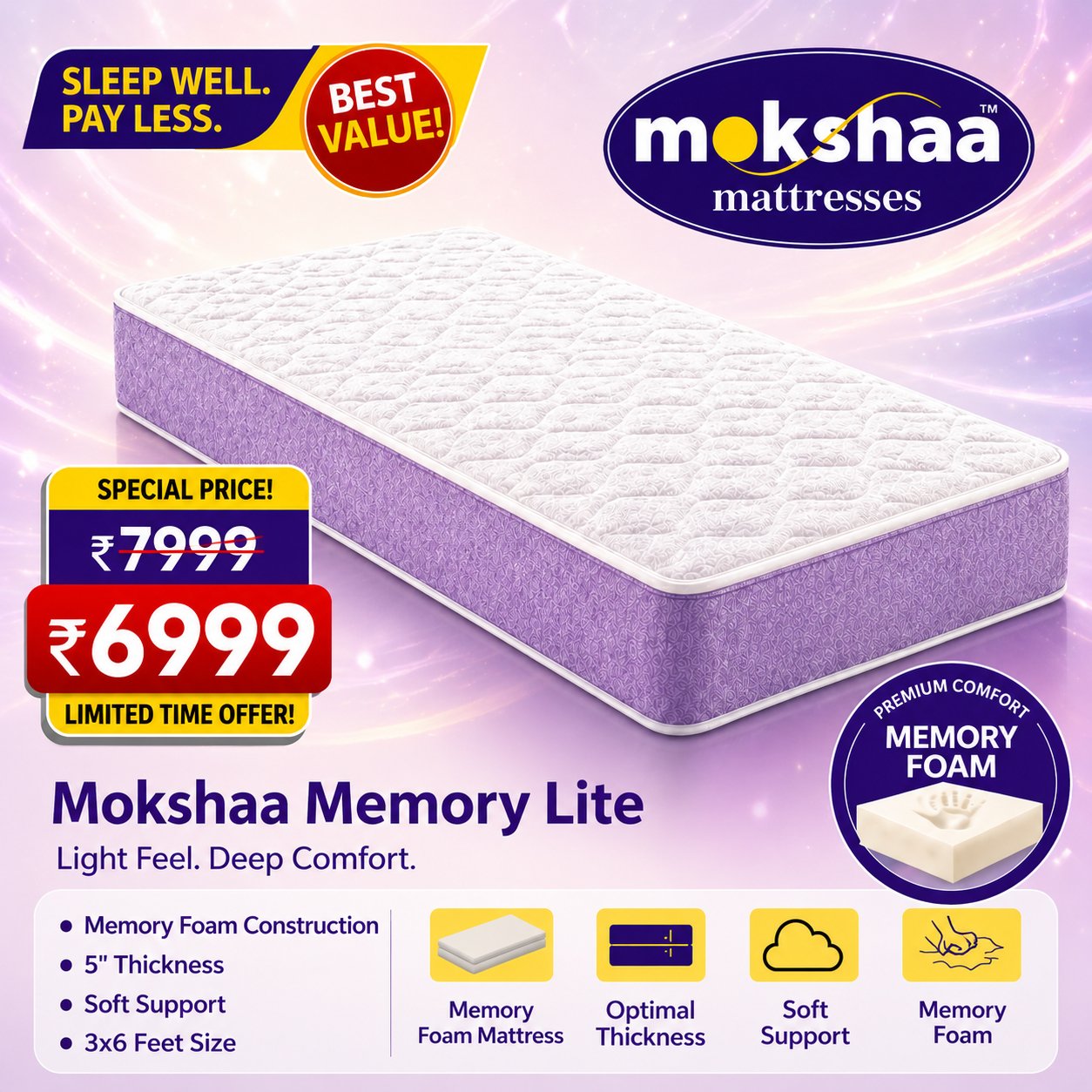 Mokshaa Memory Lite Mattress | Buy Mokshaa Memory Lite Mattress at Mokshaa Mattress