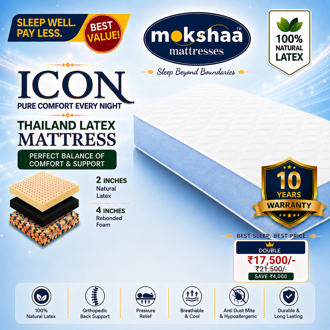 Mokshaa ICON Thailand Latex Mattress Double Size