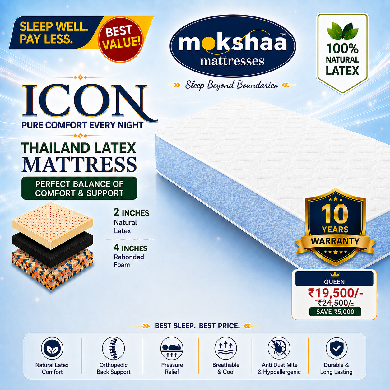 Mokshaa ICON Thailand Latex Mattress Queen Size
