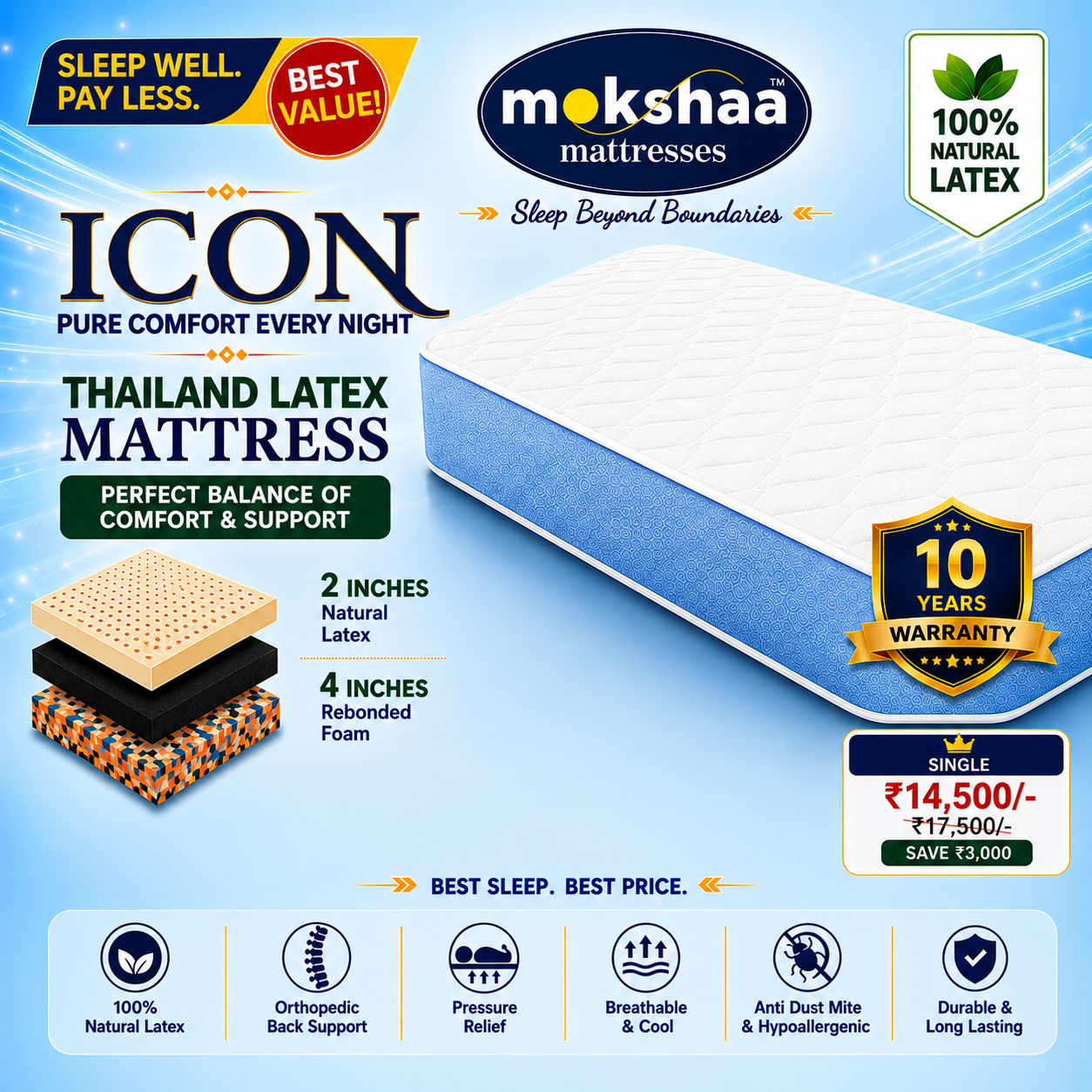 Mokshaa ICON Thailand Latex Mattress Single Size